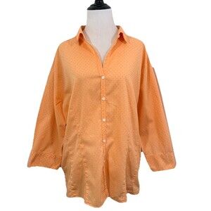 L. L. Bean women’s Shirt Blouse XXL Tangerine Button Up Swiss Dot 3/4 Sleeve